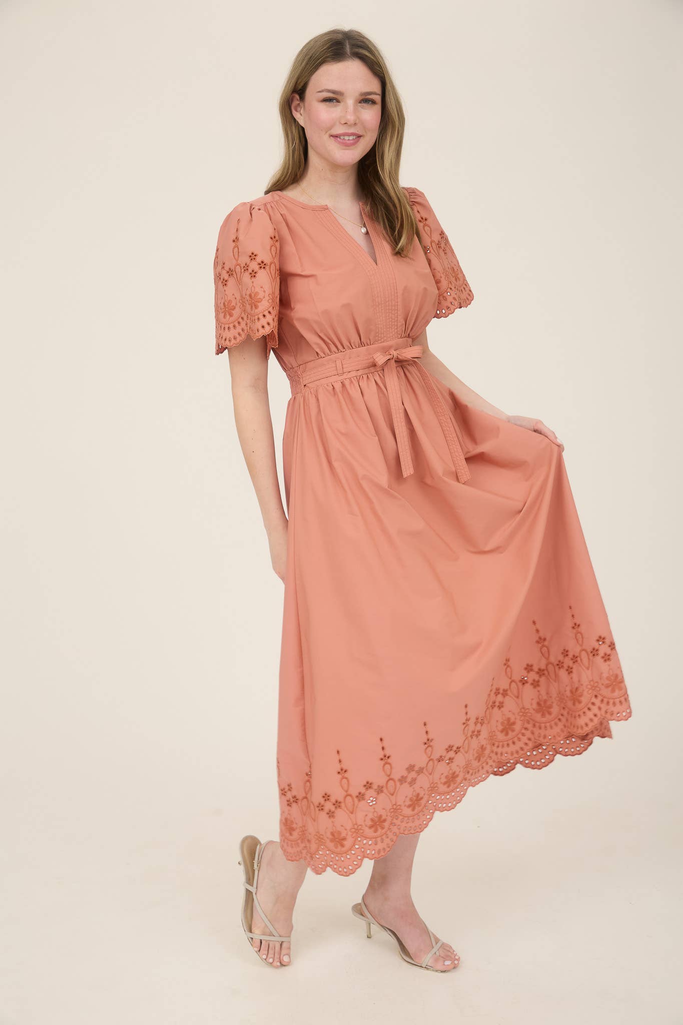 EMBROIDERY EYELET DETAIL BELTED MIDI CR2569 : CHAMPAGNE