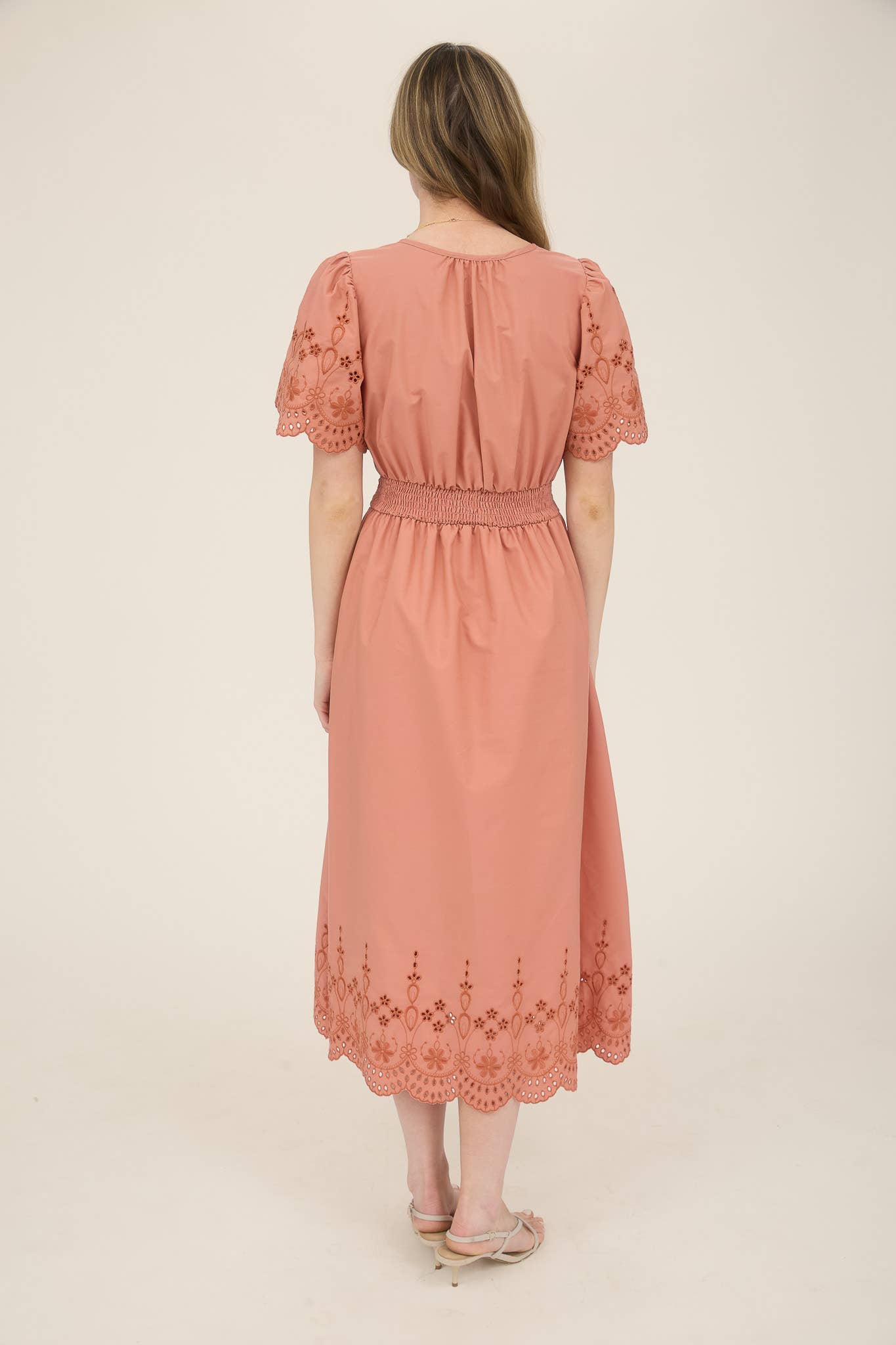 EMBROIDERY EYELET DETAIL BELTED MIDI CR2569 : CHAMPAGNE