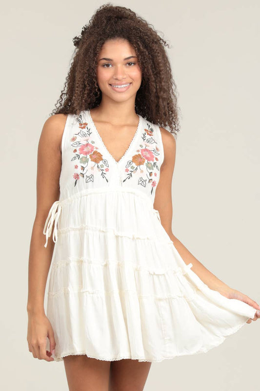C4H75-EMB V NECK TIERED TANK DRESS WITH SIDE TIES AND EMBROI: