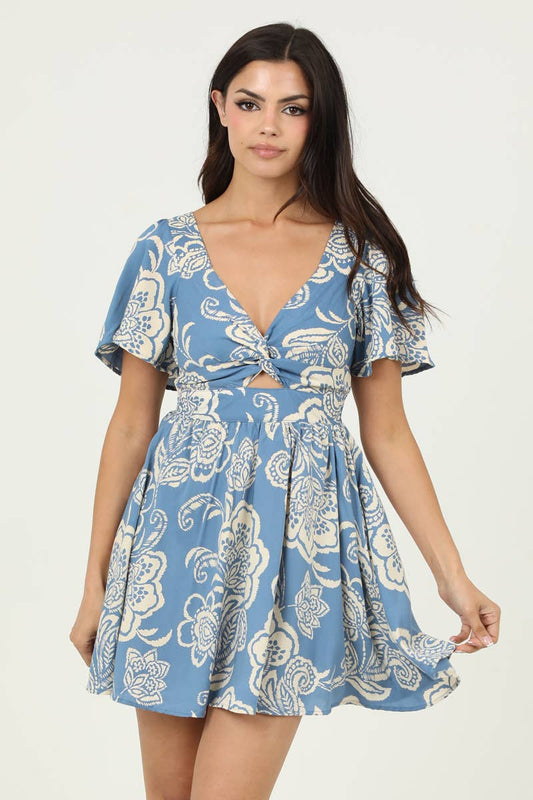 C4458-A888 V NECK TWIST FRONT SHORT SLEEVE DRESS W CUT OUT