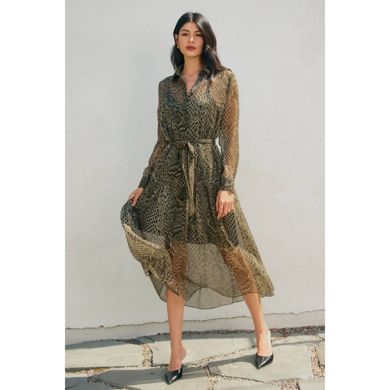 Snake Cave Collared Belt Midi Dress: OLIVE BLACK / FD12895-CP566_1