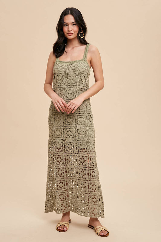 COTTON CROCHET MAXI TANK DRESS: DUSTY OLIVE / ILD5424-N