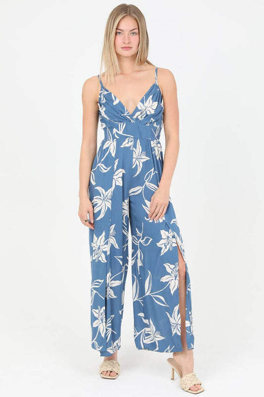 B5957-W921 V NECK SLIT LEG JUMPSUIT FLORAL PRINT: Blue