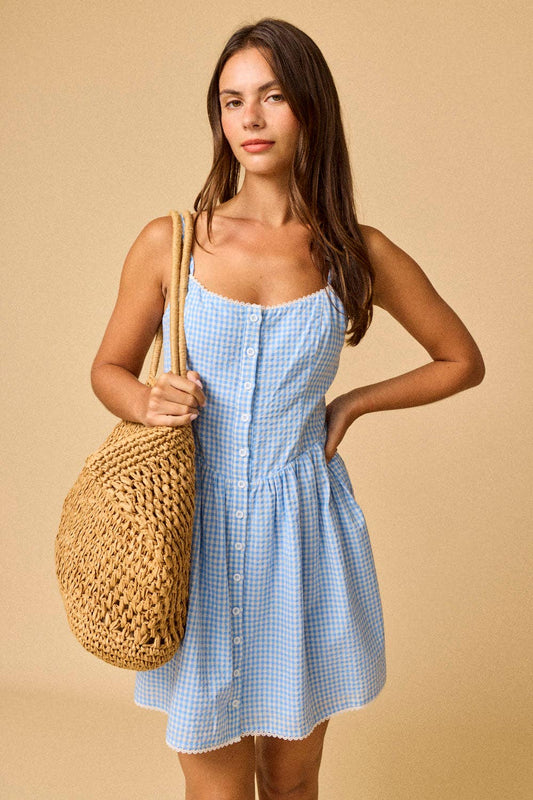 PD50711 - Perla Gingham Corset Dress: LT Blue