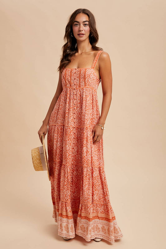 BORDER PRINT SLEEVELESS MAXI DRESS: PAPAYA / ILD6258
