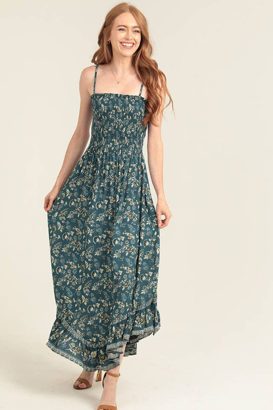 C4946-WB01 SMOCKED BODICE ANGLED HEM MAXI DRESS