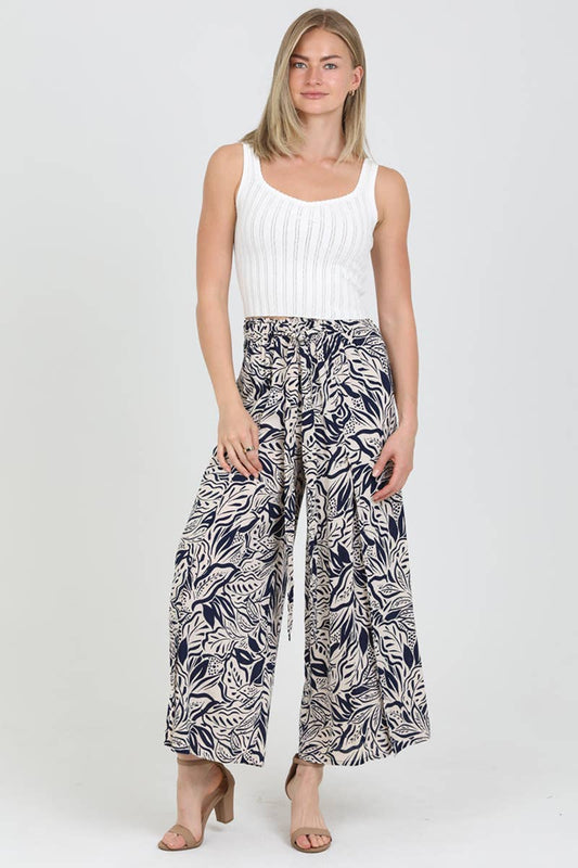 25P63-FQ81 PRINTED WIDE LEG PANTS WITH FRONT SLITS AND TIE W