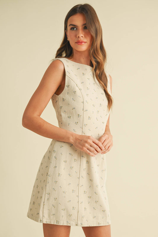 ID9329 DITSY FLORAL PRINTED DENIM SLEEVELESS MINI DRESS: NATURAL