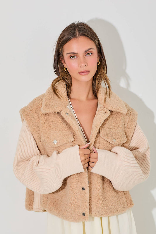 TWO MATERIAL FAUX FUR VEST JACKET: TAUPE / BJ1287