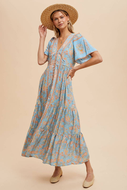 BORDER PRINT BUTTON FRONT MIDI DRESS: DUSTY BLUE / ILD4971-A