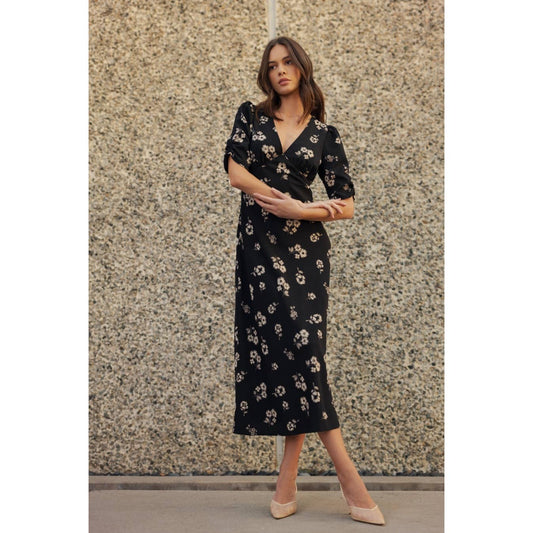 FLOWER PRINT V NECK MIDI DRESS: Black / FD68112_1