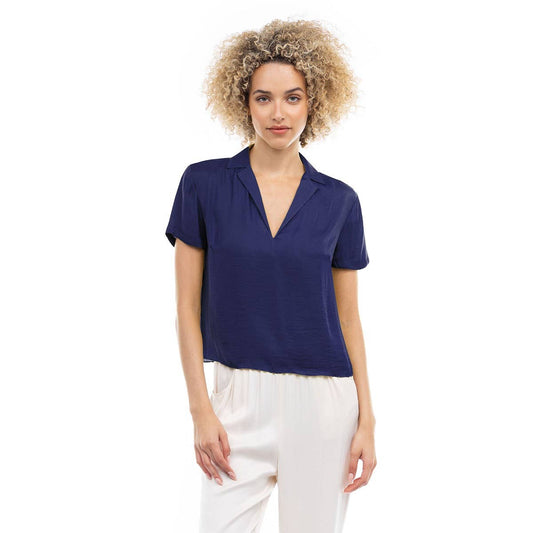 Notched Collar Crop Blouse: Navy / SB119449-B