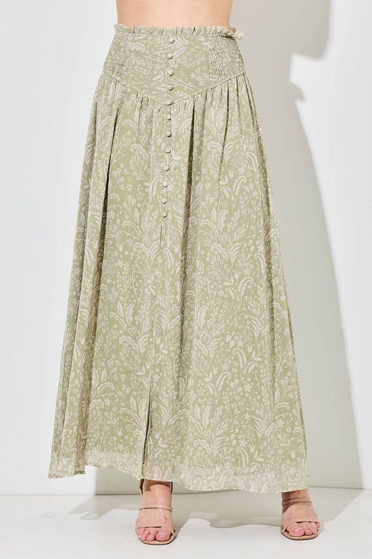 PRINTED BUTTON UP MAXI SKIRT W SLIT: LT SAGE