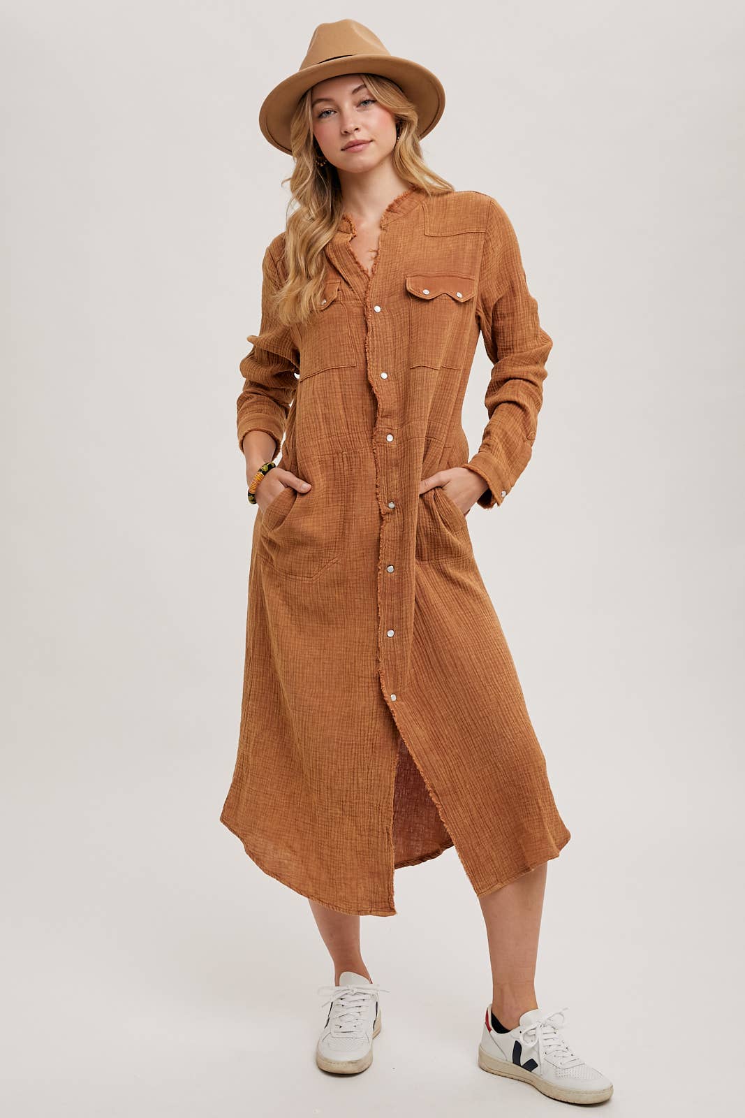 WASHED DENIM MIDI BUTTON DOWN SHIRT DRESS: ASH / D01666