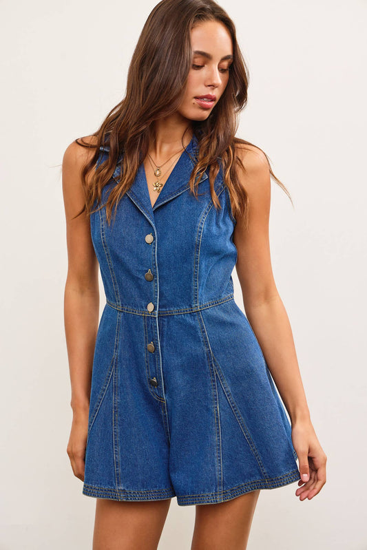 LAPEL COLLAR SLEEVELESS FLOUNCE DENIM ROMPER: WASHED DENIM / DS0891