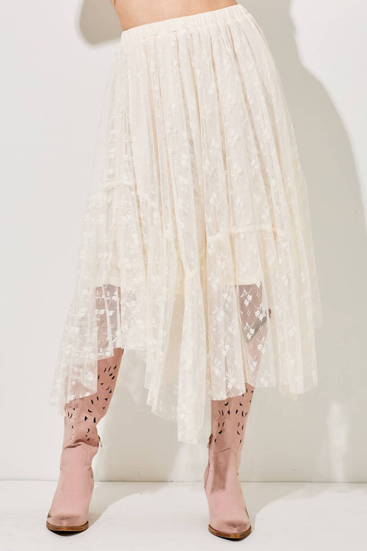LACE MIDI SKIRT: CREAM / BK1357