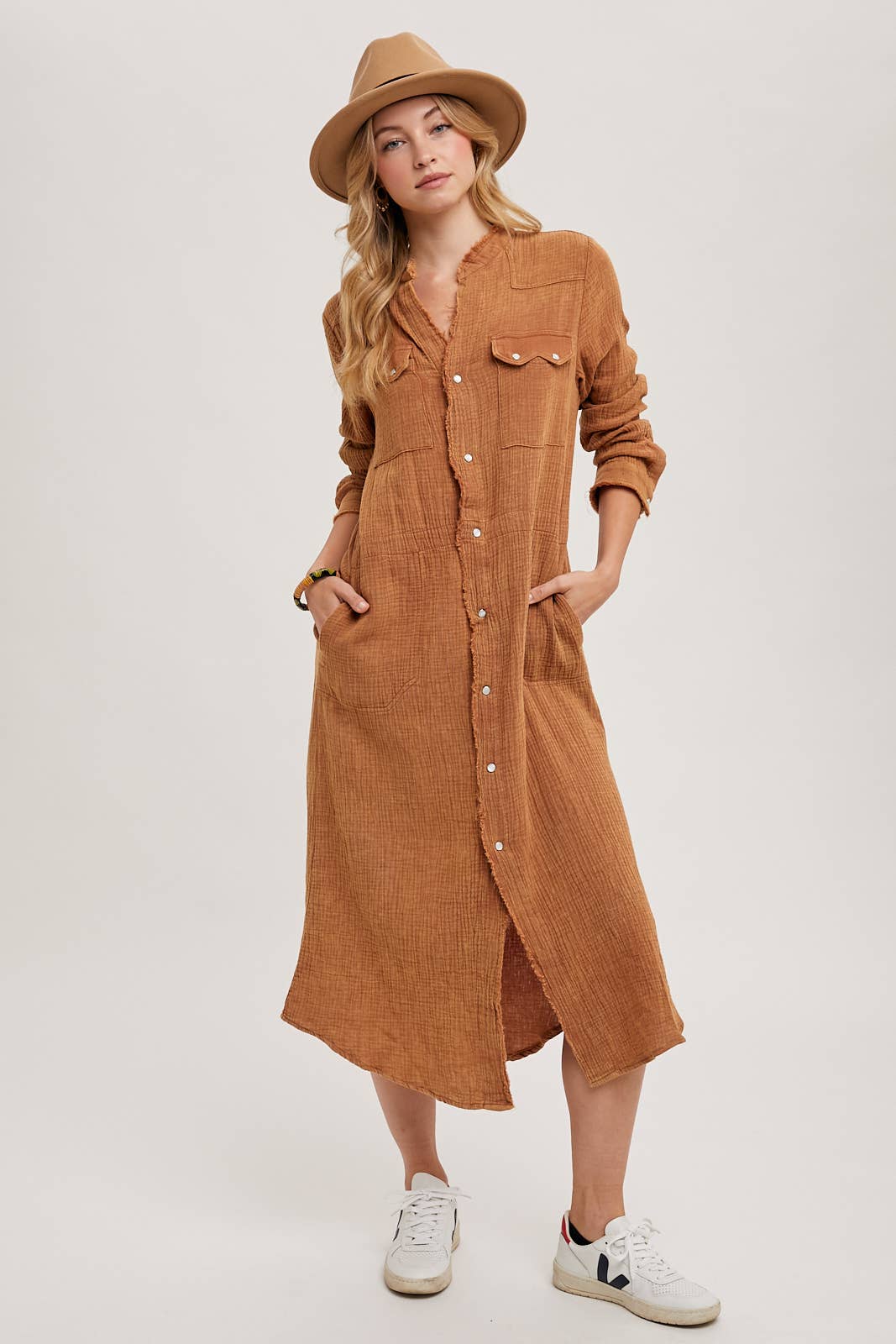 WASHED DENIM MIDI BUTTON DOWN SHIRT DRESS: ASH / D01666