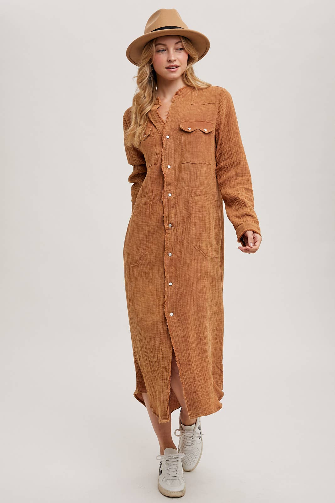 WASHED DENIM MIDI BUTTON DOWN SHIRT DRESS: ASH / D01666