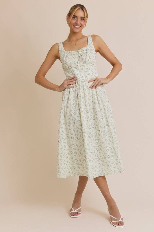 SQUARE NECK SLEEVELESS LINEN MIDI DRESS: CREAM-BLUE FLORAL / MD10126-1