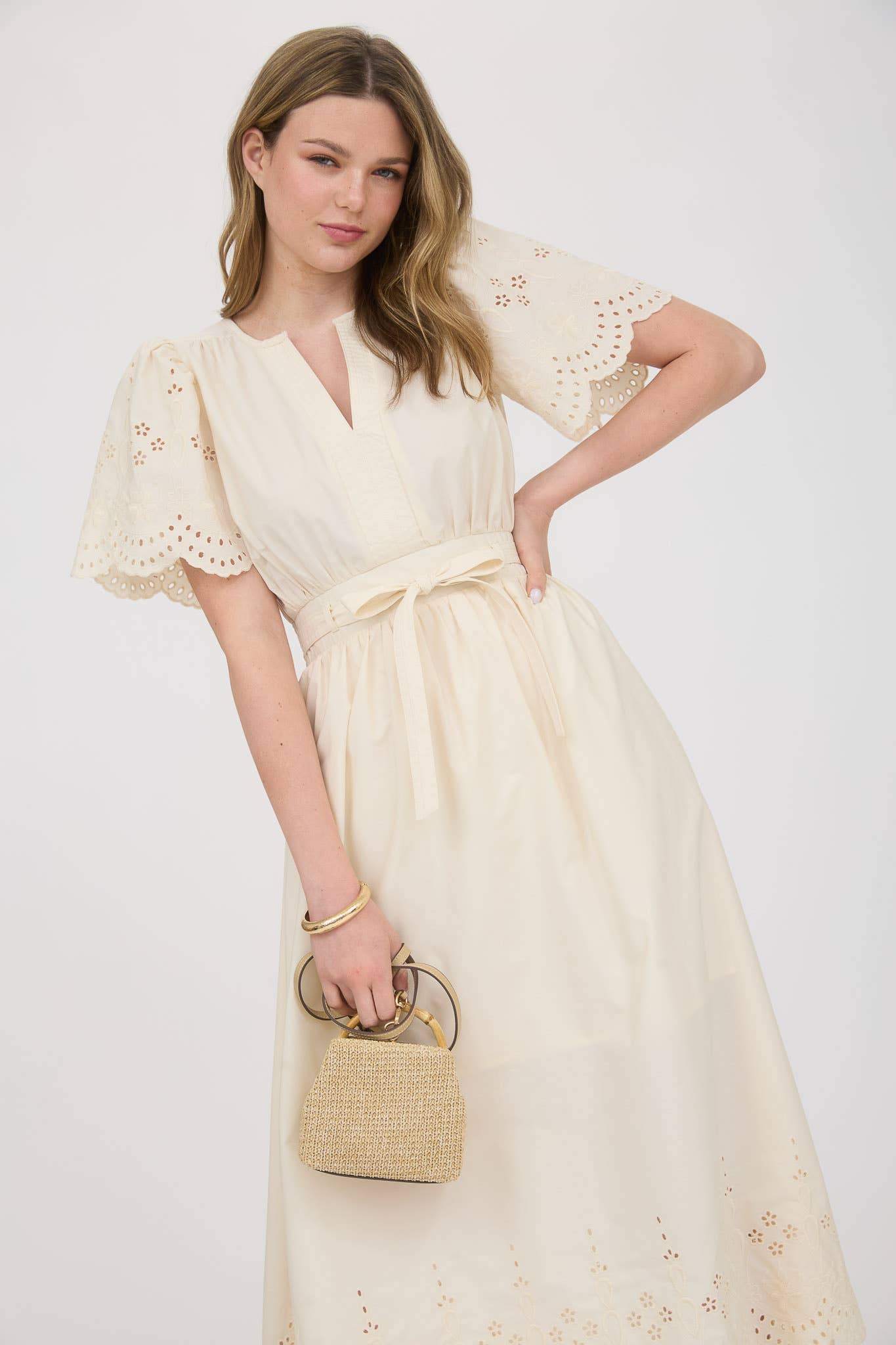 EMBROIDERY EYELET DETAIL BELTED MIDI CR2569 : CHAMPAGNE