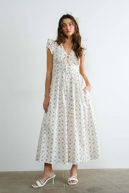 Floral Tie Front Ruffle Fluted Sleeve Maxi Dress
: Cream SD2260RESTOCK