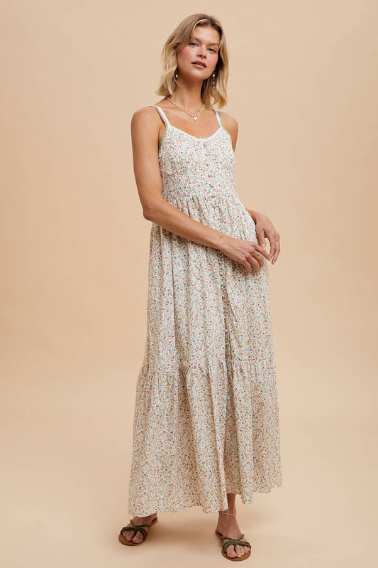 COTTON FLORAL BUTTON DOWN MAXI: CREME RED BLUE / ILD5699