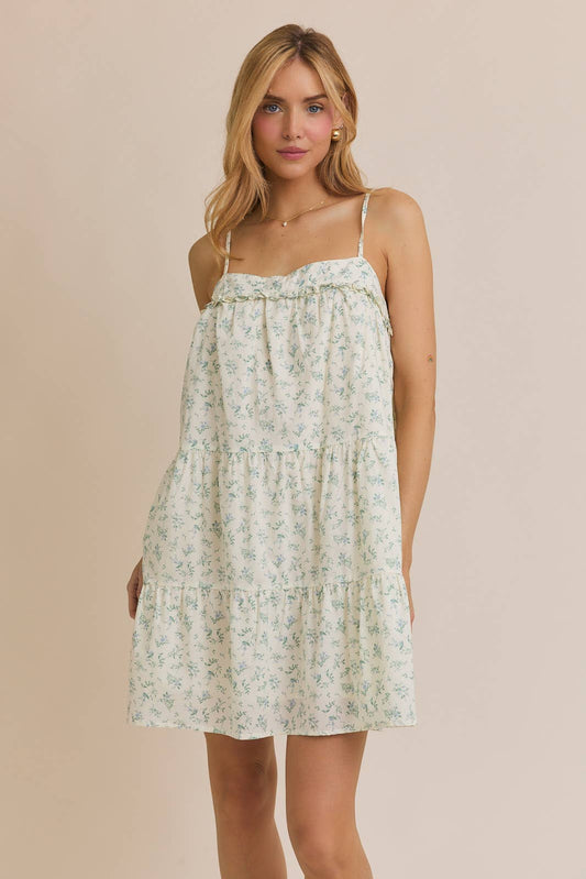 SLEEVELESS TIERED MINI DRESS: CREAM-BLUE FLORAL / MD10644