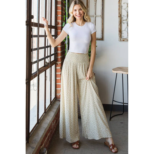 P53089E - Rayon Ditsy Floral Smocked Waist Pants: Natural