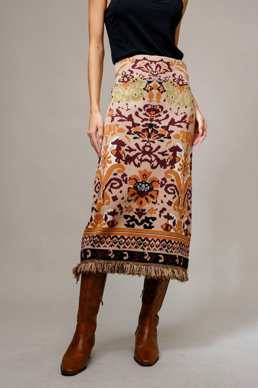 52084W - Ethnic Knit Fringe Midi Skirt: TAUPE / blueb