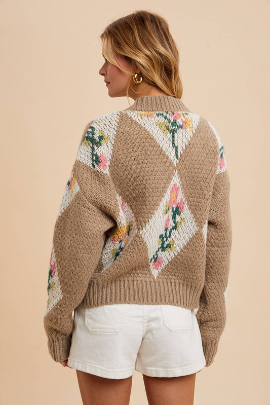 CROPPED CHUNKY FLORAL CARDIGAN: TAUPE / ILS8908