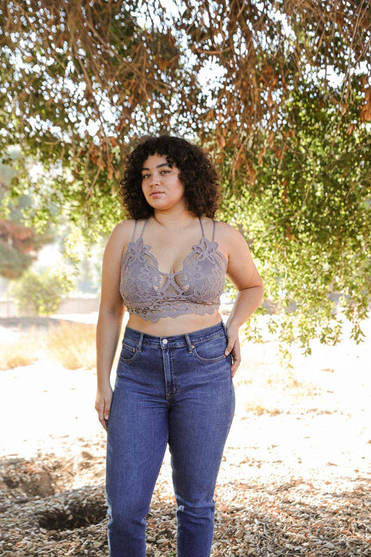 X-Large Padded Crochet Lace Longline Bralette: Gray XL