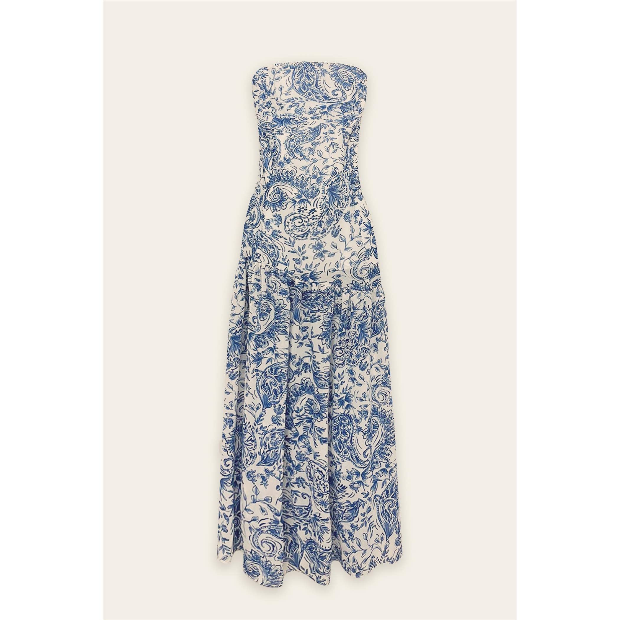 Porcelain Paisley Strapless Drop Waist Maxi Dress: RIVIERA / FD12326-P