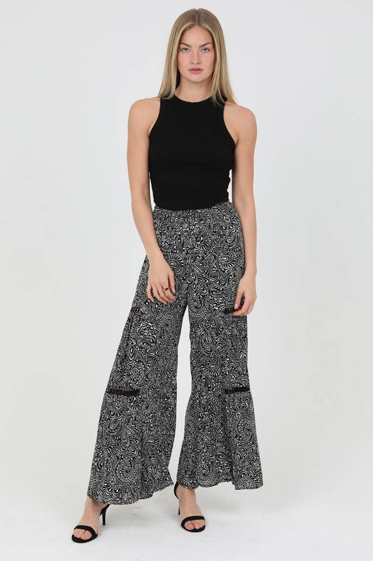 25R84-A877 SMOCKED WAIST PRINTED WIDE LEG PANTS WITH TIERS