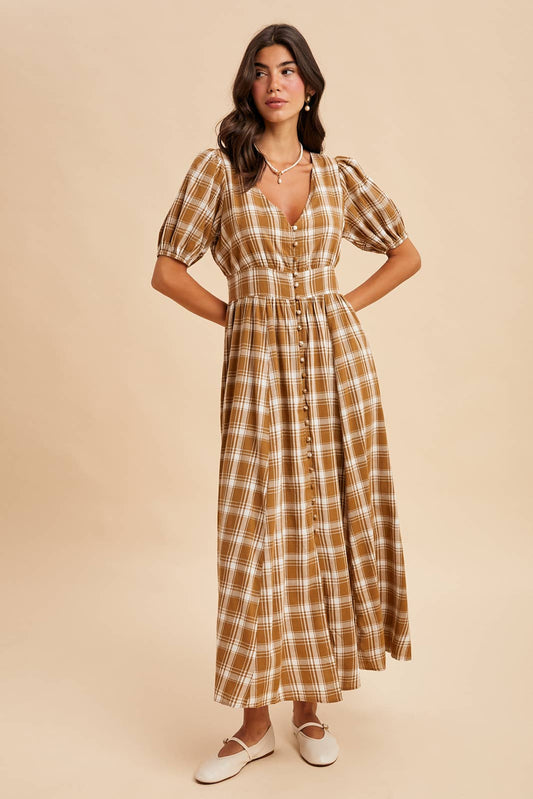PLAID BUTTON DOWN MAXI DRESS: CHESTNUT / ILD6400