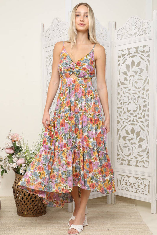 C4A91-A855 TWIST FRONT CUT OUT TIERED MAXI DRESS