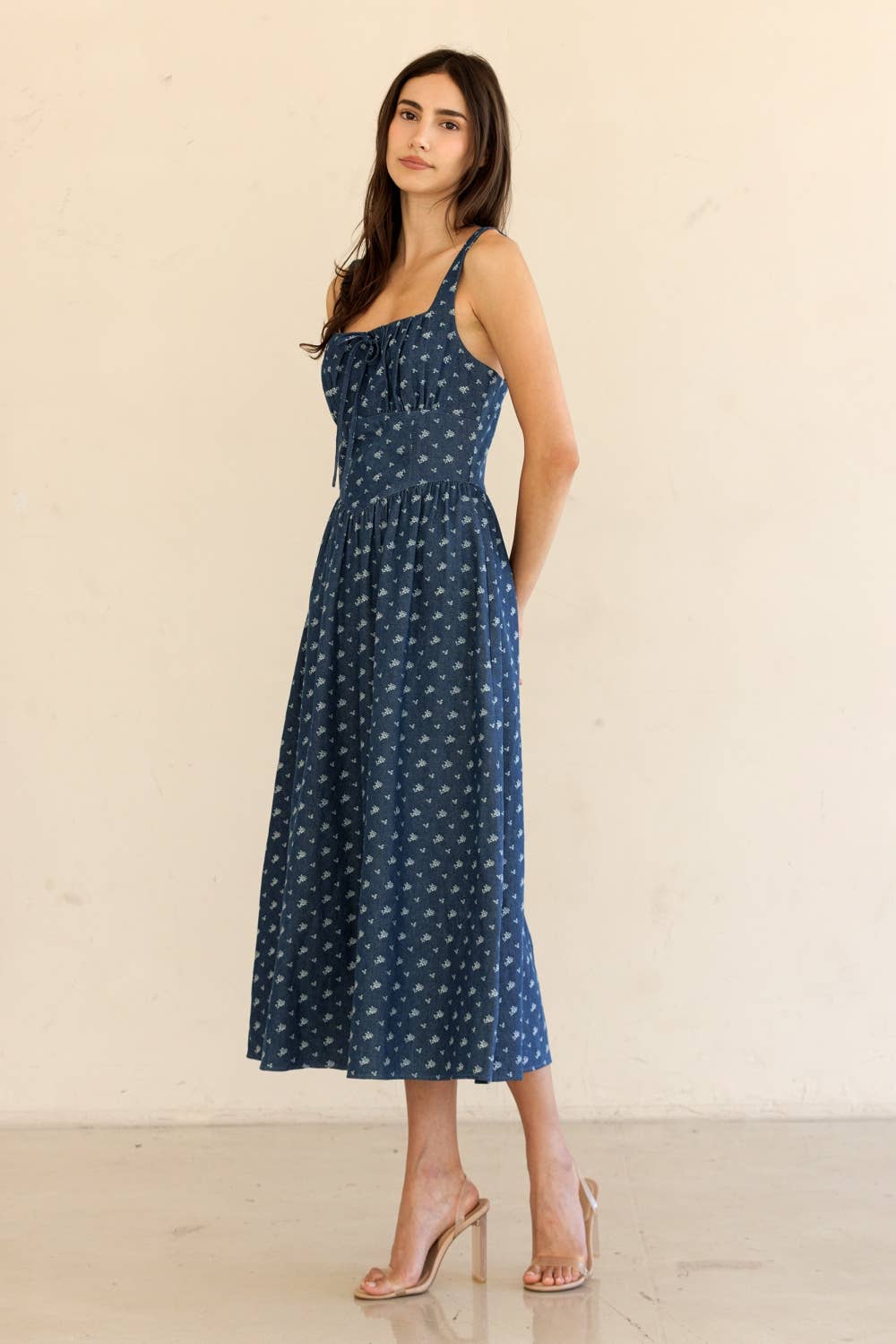 JD7676-DENIM FLORAL CORSET MIDI DRESS: DENIMFLORAL