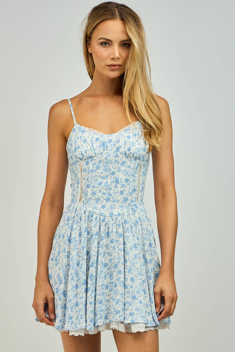FLORAL SEE-THROUGH LACE TRIM DETAIL MINI DRESS: BL Taffy Floral / SM-D20634E