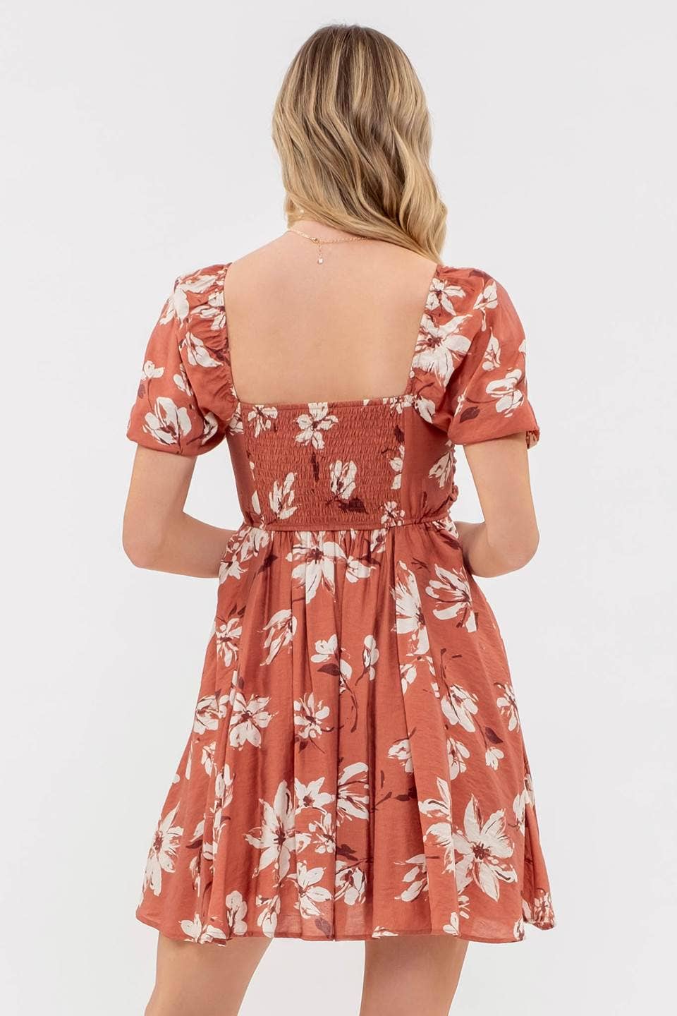 FLORAL PLEATED PUFF SLEEVE MINI DRESS: CR2212A_OLIVE