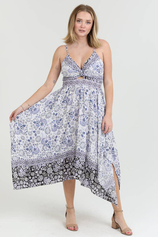 C4921-A919 V NECK TWIST FRONT CUT OUT HANKY HEM MIDI DRESS