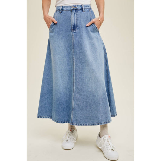 FLARE DENIM MIDI SKIRT WITH POCKETS / WL23-8274: DENIM