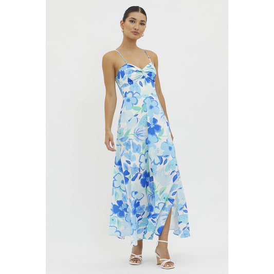SLEEVELESS FLORAL PRINT FRONT TWIST MAXI DRESS: BLUE / 64349H