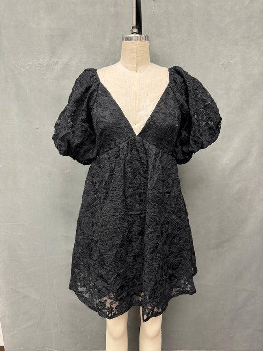 EMBROIDERED ORGANZA MINI DRESS: Black / BD5857