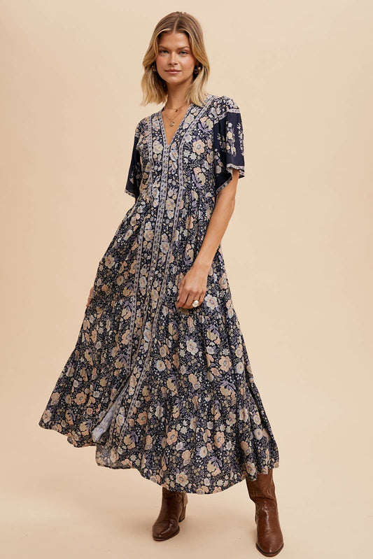 BORDER PRINT BUTTON FRONT MIDI DRESS: MIDNIGHT / ILD4971-A