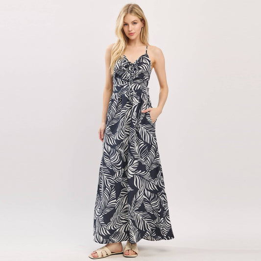 Print Ruched Halter Neck Maxi Dress - VND41044: Navy/ White