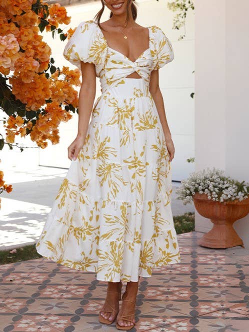 Puff off the shoulder twist floral prairie maxi dress: Yellow / RCJY00262-Yellow