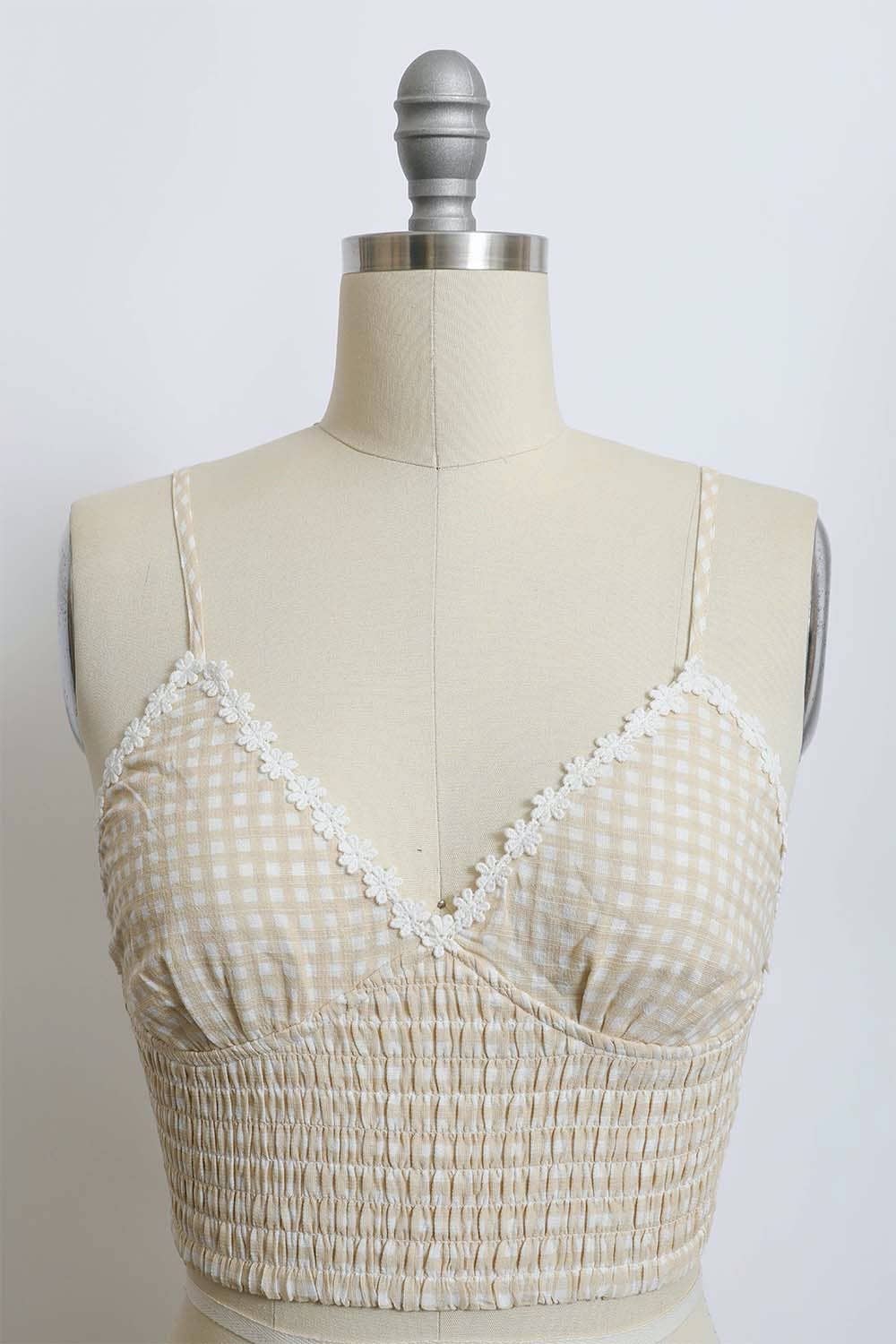 Gingham Daisy Trim Smocked Bralette 🫶🏻: Beige