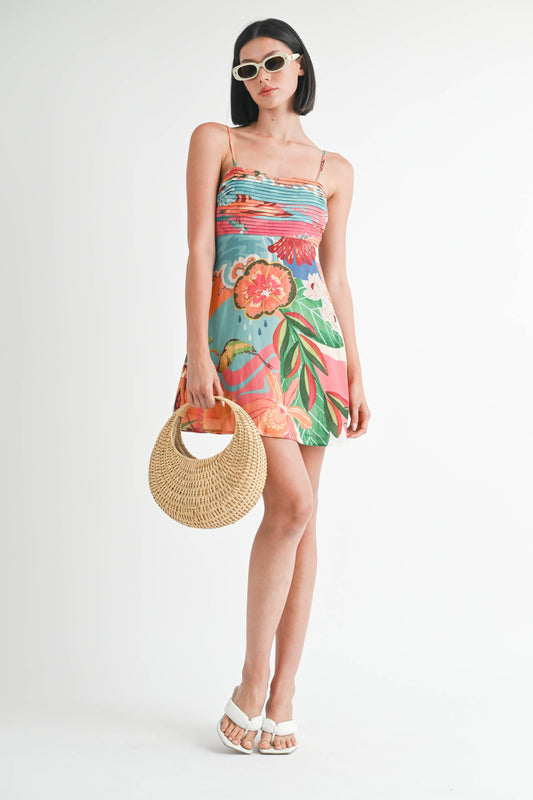 A LINE SLEEVELESS MINI DRESS: TANGERINE TEAL PRINT / IPA2252D