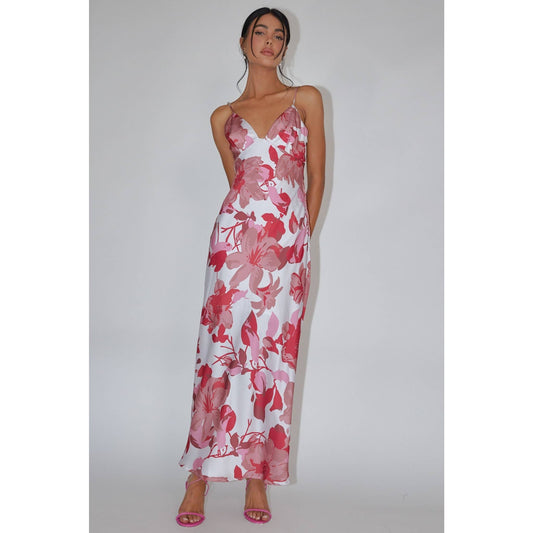 FLORAL PRINT V NECKLINE MAXI DRESS: PINK / CM6196D