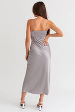 Load image into Gallery viewer, LACED TRIM MAXI SATIN DRESS: SILVER
