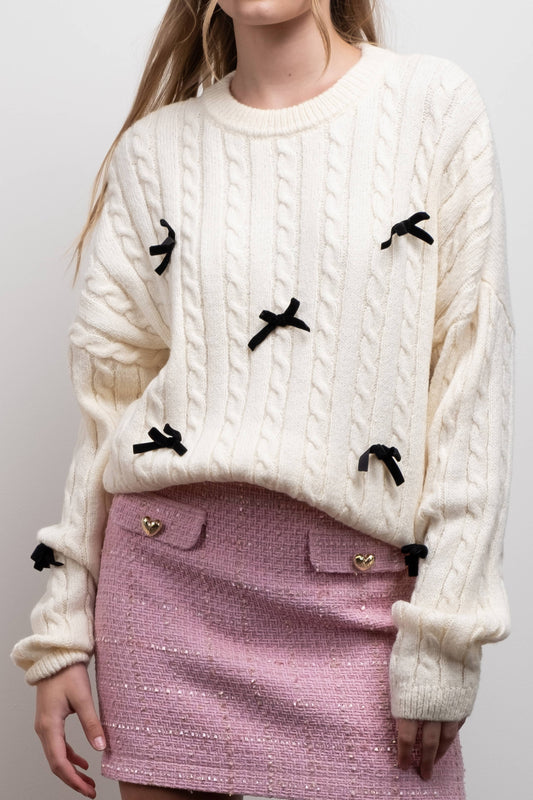 BOW DETAIL CABLE KNIT PULLOVER SWEATER: IVORY CR2409_IVORY